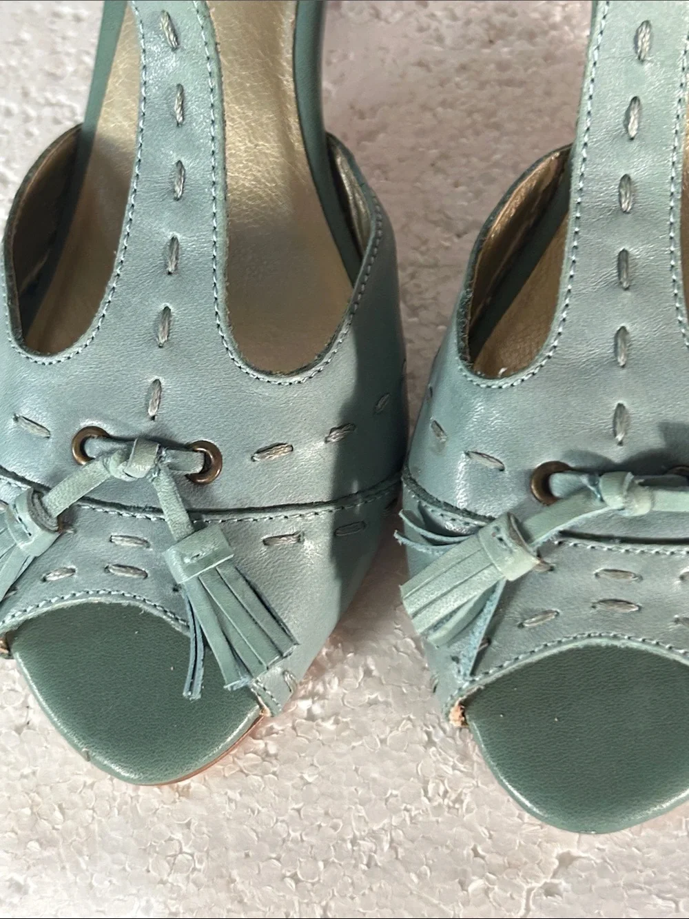 Seychelles SZ 10 Aqua T-Strap Peep Toe Heel Tassel Retro Vintage 40S Rockabilly